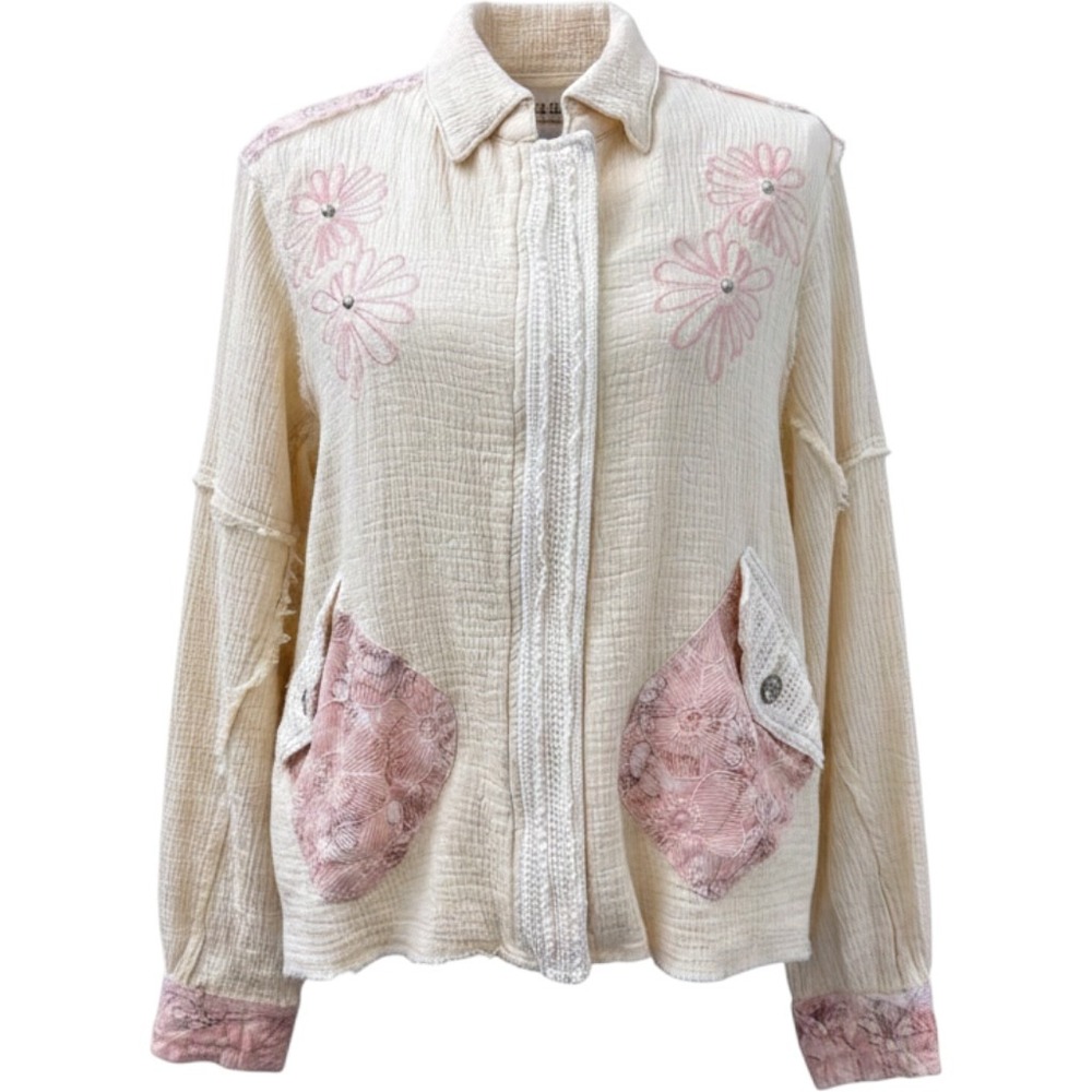 POL Gauze Jacket Women Small Cream Pink Lace Floral Boho Zip Up